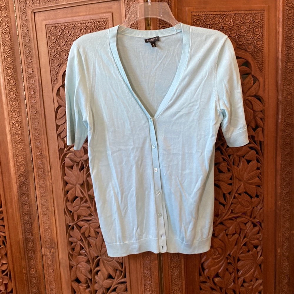 Talbots petites, mint green, short sleeve cardigan sweater